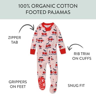HonestBaby Non-slip Footed Pajamas One-piece Sleeper Jumpsuit Zip-front Pjs 100% Organic Cotton for Baby Girls, Cherry Crush, 18 Months - Image 2