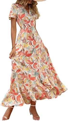 PRETTYGARDEN Women's Boho Floral Maxi Dress Summer Short Sleeve Wrap V Neck Long Flowy Beach Vacation Wedding Guest Dresses - Image 3