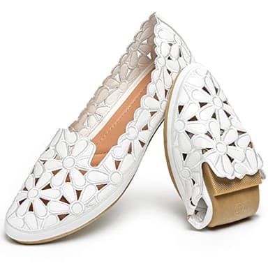 HEAWISH Women's Floral Ballet Flats for Women Black Beige Slip On Flowers PU Leather Round Toe Dress Shoes(White,US7.5) - Image 1