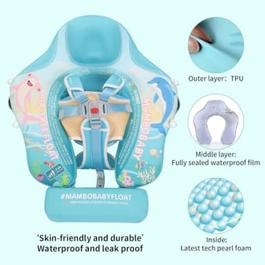 Mambobaby Float with Canopy & Portable Backpack Skin-friendly Baby Swim Float with Tail Waterproof Non-Inflatable Mambo Float Smart Swim Trainer Soft Solid Infant Pool Float 3-24 months Baby Swim Ring - Image 2