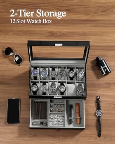 GUKA Watch Box 12 Slot Watch Display Organizer Leather Jewelry Case Drawer Glass Birthday for Men Women, Child Husband Dad - Image 5