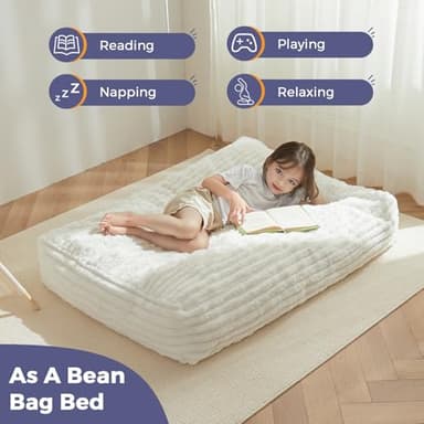 MAXYOYO Kids Bean Bag Chair Bed, Convertible Children Chair to Floor Mattress with Filler, Faux Fur Bean Bag Bed Stuffed Child Sofa Couch for Girl Boy Sleeping, Machine Washable Cover, Beige - Image 6