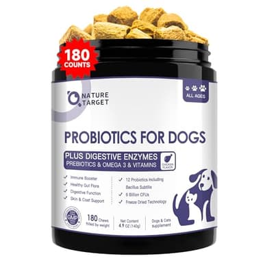 NATURE TARGET Probiotics for Dogs, 6 Billion CFUs, Freeze Dried Dog Probiotics with Prebiotics & Enzymes for Diarrhea, Gas, Vitamins & Omega 3 for Skin & Immune Health, Allergy Itch Relief, 180 Count - Image 1