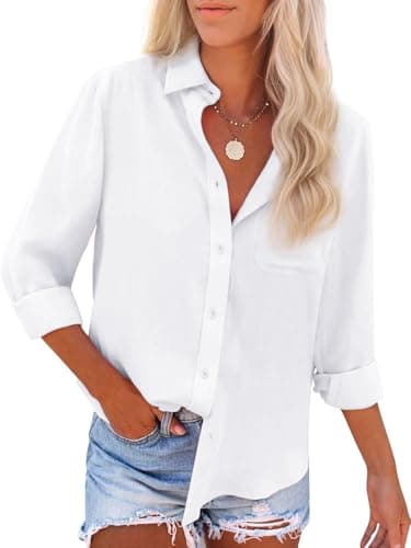 Womens Button Down Shirts Cotton Dress Shirts Oxford Shirts Long Sleeve Work Blouses Collared Tops Tunics with Pocket-All White M - Image 1