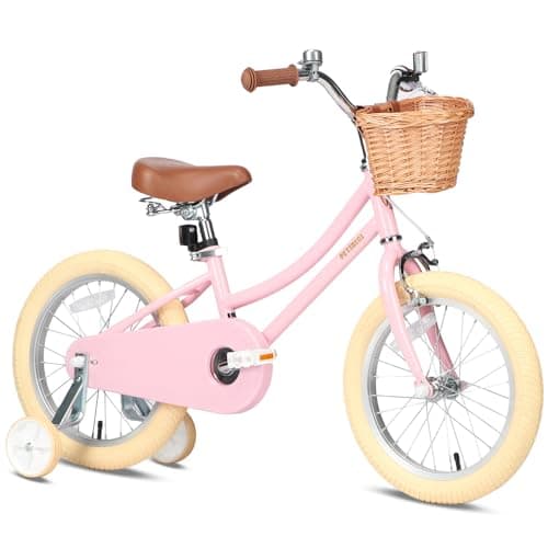 Petimini 16 Inch Little Kids Bike for Age 4 5 6 7 Years Old Girls Retro Vintage Style Bicycles with Basket Training Wheels and Bell, Pink - Image 1
