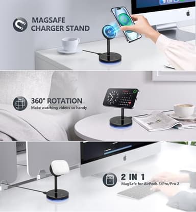 2 Pack Mag-Safe Charger Stand 15W Magnetic Wireless Charging Station for iPhone 16 15 14 13 12 Pro/Pro Max/Plus/Mini Magnet Wireless Charging Station/Pad with LED Light for AirPods 3/2/Pro/Pro 2 - Image 3