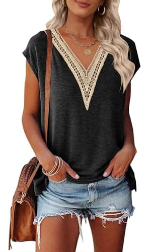 MEROKEETY Women's Casual Cap Sleeve Lace Trim V Neck Tops 2025 Summer Loose Tee Shirts Blouse, Black, X-Large - Image 1
