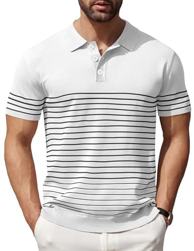 COOFANDY Mens Polo Shirts Striped Knitting Golf Shirts Lightweight Short Sleeves Shirts, White, Medium - Image 1