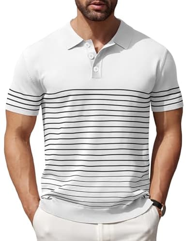 COOFANDY Mens Polo Shirts Striped Knitting Golf Shirts Lightweight Short Sleeves Shirts, White, Medium - Image 1