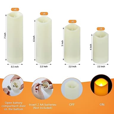 crowm Waterproof Flickering Flameless Candles, Battery Operated LED Pillar Votive Candles with Remote & Timer, Ivory Outdoor Electric Fake Candles, D2.2 x H4” 5" 6" 7", Set of 24 - Image 2