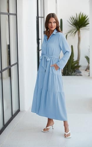 ECOWISH Women's Maxi Shirt Dress - 2024 Long Sleeve Button Casual Fall A-line Work Tiered Dresses with Belt and Pockets Blue Medium - Image 4