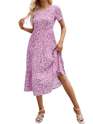 Sureple Women's Casual Cotton Dresses Crewneck Fitted Guest High Waist Midi Pocket Short Sleeve Spring Tiered(SP209-Purple Floral-M) - Image 1