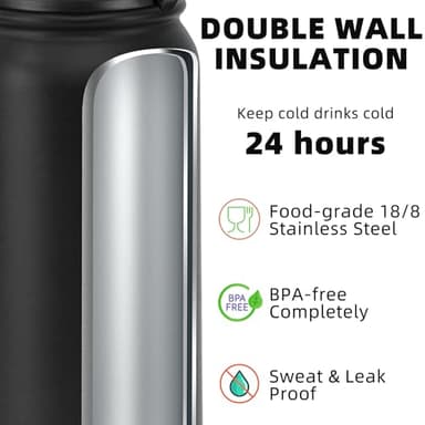 Fanhaw 24 Oz Insulated Stainless Steel Water Bottle with Chug Lid - Leak & Sweat Proof, Anti-Dust | For Kids, Women, Men (Black) - Image 3