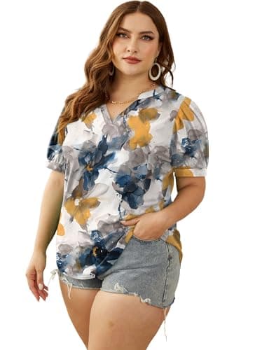Women Tunic Tshirts Summer Short Puff Sleeve Tops Fashion V Neck Shirts Baggy Comfy Floral Yellow XL - Image 4