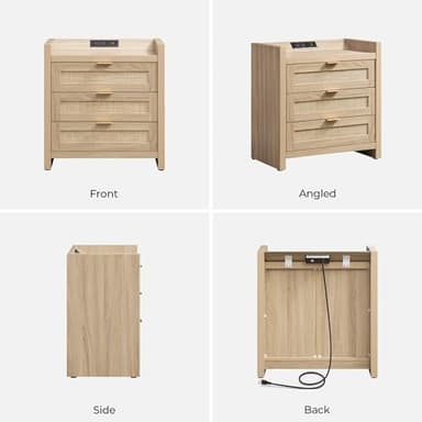 SICOTAS Rattan Nightstands Set of 2 Bedside Table - Larger Night Stand with Type-C Charging Station, 3 Drawers Storage, Boho Night Stands End Table for Bedroom Office - Light Oak - Image 8