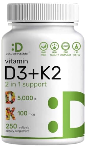 DEAL SUPPLEMENT Vitamin D3 5,000 IU + K2 MK7 Softgels, 250 Count | 2-in-1 Complex | Supports Heart, Bone, Teeth & Immune Health | Easy to Swallow - Image 1