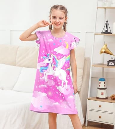 uideazone Unicorn Nightgowns for Girls Size 7-8 Pink Flutter Sleeve Nightdress Rainbow Cloud Princess Pajamas Dress M - Image 4