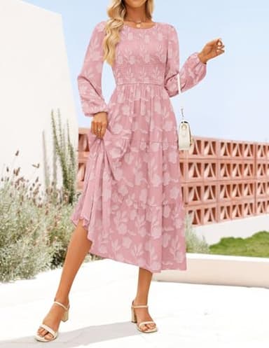 ZESICA Women's Fall Boho Floral Midi Dress 2025 Casual Long Sleeve Crewneck Flowy Wedding Guest Long Dresses,Pink,Medium - Image 2