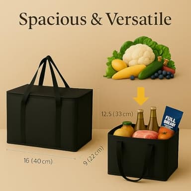 2-Pack, XL-Large Insulated Grocery Shopping Bags, Black, Reusable Bag,Thermal Zipper,Collapsible,Tote,Cooler,Food Transport hot and Cold,Camping, delivery Groceries Freezer - Image 8