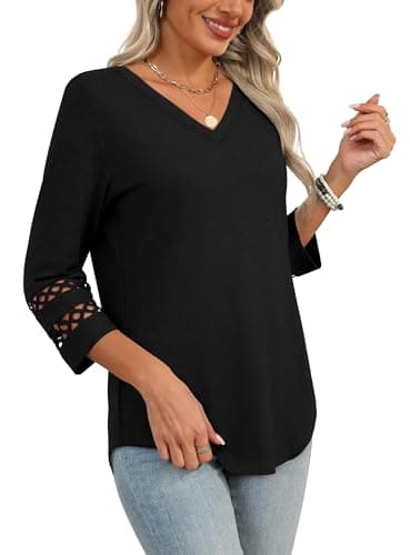 3/4 Length Sleeve Womens Tops Dressy Casual Blouses for Women Trendy V Neck Tunic Tops for Leggings Plain Black XL - Image 4