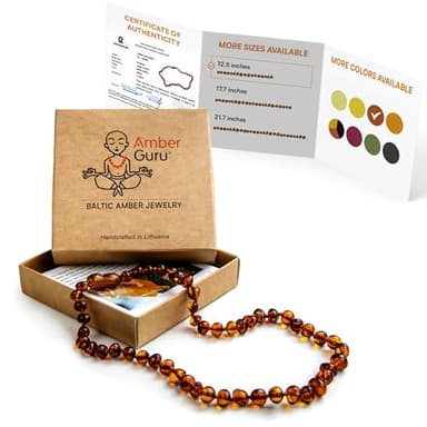 Amber Guru Baltic Amber Necklace (Authentic, Certified) - 12.5 inches - Unisex Jewelry - Cognac (Polished) - Real Amber Beads - Proud to Deliver Genuine Baltic Sea Wonder Handmade - Image 1