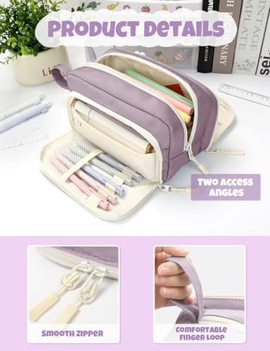 SUNEE Cute Pencil Case, Aesthetic Pen Pouch with 3 Compartments, Kawaii Colored Large Pencil Bag with Zipper, Stationery Storage and Organizer, Purple School Supplies for Teen and Adult Girls - Image 3