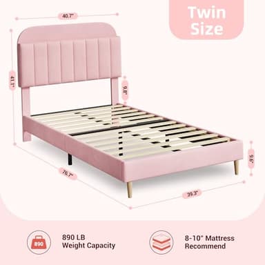 GarveeHome Twin Bed Frame with Storage Headboard, Velvet Upholstered Platform Bedframe for Kids, Girl Bed, Strong Wooden Slats, Noise-Free, Easy Assembly, No Box Spring Needed, Pink - Image 2