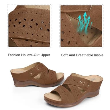 TEMOFON Wedge Sandals for Women Summer: Comfortable Walking Slip on Sandals - Dressy Platform sandals - Brown Casual Sandals Size 8.5 - Image 5