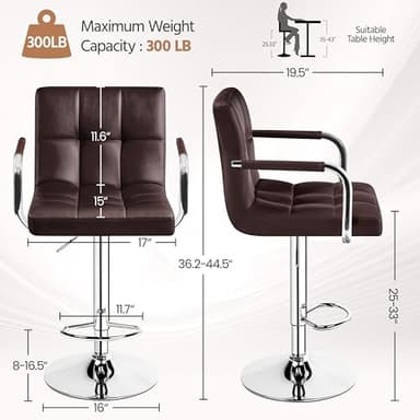 Yaheetech Bar Stools Set of 2, Adjustable PU Leather Swivel Barstools, Modern Counter Stools with Back and Footrest, Counter Height Barstools for Bar, Kitchen, Dining Room, Brown - Image 3