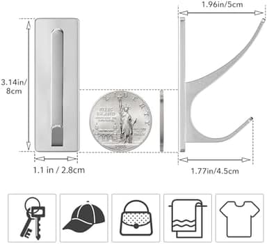 Self-Adhesive Coat Hooks for Hanging - Heavy Duty Stainless Double Wall Hook for Towel, Backpack, Hat, Sturdy Metal Hanger for Bathroom, Bedroom, Door, Wall Mounted, 4-Pack, Silver, New - Image 4