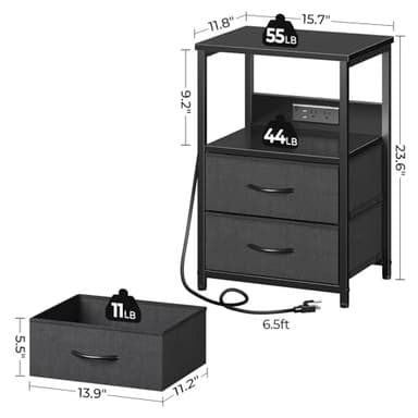 Seventable Nightstand with Charging Station, Bedside Table with LED Lights, Night Stand with 2 Fabric Drawers, 3-Tier Storage End Table for Bedroom, Black - Image 3