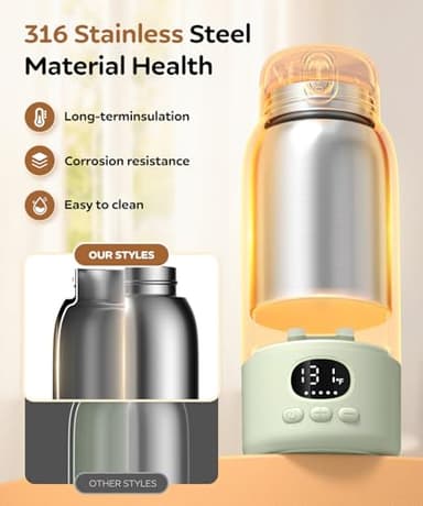 Portable Bottle Warmer 17oz Bottle Warmer for Breast Milk Formula & Water, Fast Heating, Long Battery Life & Large Capacity, Suitable for Baby Outdoor Travel Green - Image 4