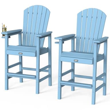VINGLI Tall Adirondack Chairs Set of 2 HDPE Adirondack Bar Stools with Cup Holders, Poly Deck Chairs Outdoor Bar Stools, 350LBS Capacity (Blue, 2 PCS) - Image 1