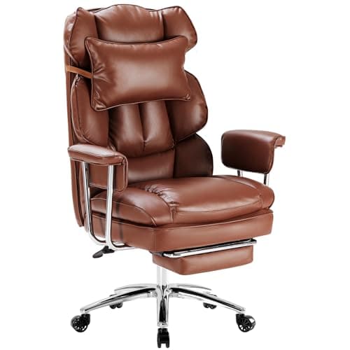 Sweetcrispy Executive Home Office Desk Chair - Ergonomic Big Tall High Back with Footrest & Lumbar Support, Reclining Height Adjustable, Comfy PU Leather Computer Gaming with Swivel Wheels, Brown - Image 1