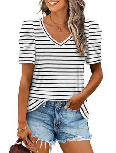 Black and White Striped Shirt Women Summer Casual Puff Sleeve Tops Curved Hem L - Image 1