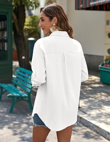 Zeagoo Casual Linen Shirts for Women Summer Long Sleeve Trendy V-Neck Button Down Tops Lady Cotton Beach Shirt Fashion White - Image 5