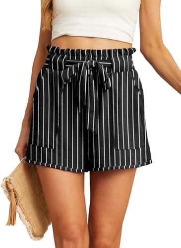 IWOLLENCE Womens Shorts with Pockets Summer Casual Shorts for Women Waist Casual Lightweight Adjustable Tie Knot Loose Black Stripe Large - Image 1