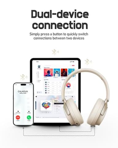 Picun NC60 Hybrid Active Noise Cancelling Headphones, Foldable Wireless Over Ear Bluetooth 5.4 Headphones, 80H Playtime, Transparency Mode, Stereo Bass, Custom EQ via App for Travel Home Khaki White - Image 8