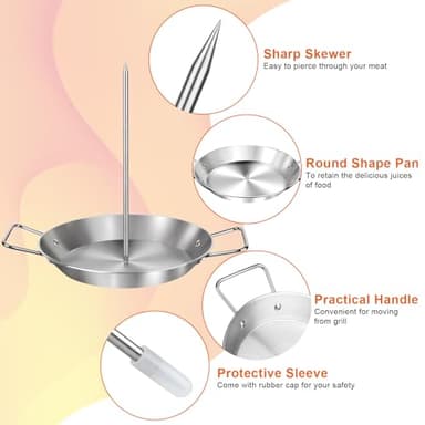 Al Pastor Skewer for Grill, 10 Inch Brazilian Spit Stand with 5 Spikes & 2 Brushes, Tong, Pad, Stainless Steel Vertical Sticks, Gyro Pan with Fat Separator for Tacos Al Pastor, Shawarma, Chicken - Image 4