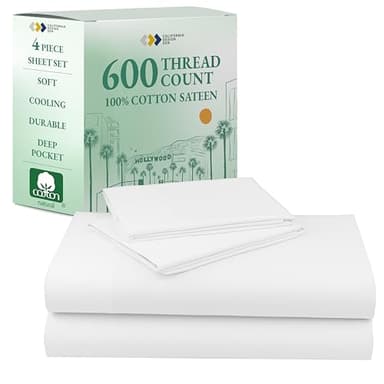 California Design Den Deep Pocket King Sheets Set - Luxury 600 Thread Count Sateen, 100% Cotton Sheets with All Around Elastic for a Snug Fit, Hotel Quality Bedding Set - White - Image 1