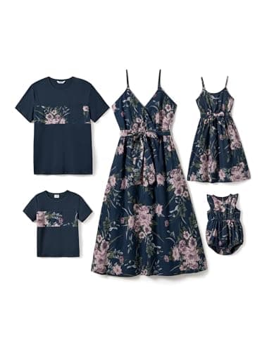PATPAT Matching Family Outfits Mommy and Me Dresses Matching Set Casual Floral Print Spaghetti Strap Boho Belted Dresses Hawaiian Allover Navy Blue Floral Print Romper Dress Baby Girl 3-6 Months - Image 1