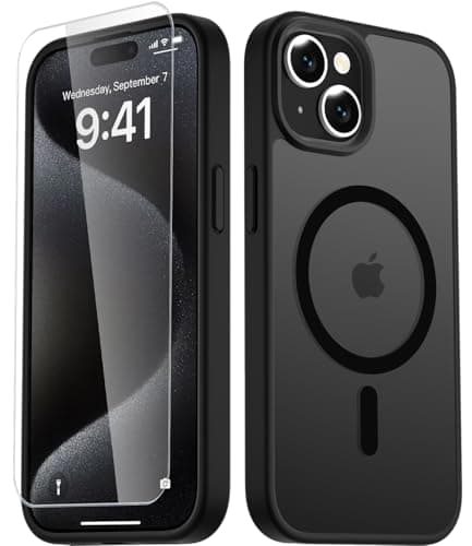 LATVIN for iPhone 15 Case, Magnetic Phone Cover with 1 Screen Protector, Compatible with MagSafe, Military Grade Protection, Translucent Matte Frosted Back, Black - Image 1