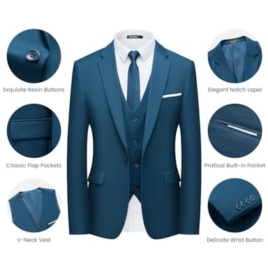 WULFUL Men’s Slim Fit Suit One Button 3-Piece Blazer Dress Business Wedding Party Jacket Vest & Pant Teal Blue - Image 5