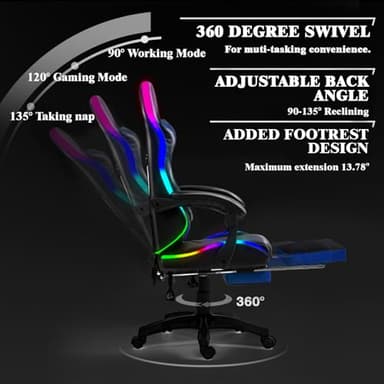 Czlolo Gaming Chair, Racing Style RGB LED Lights Gaming Chairs for Adults and Kids, Lumbar Massager Gamer Chair, High Back Reclining Computer Chair with Footrest and Headrest (Black/Blue) - Image 5