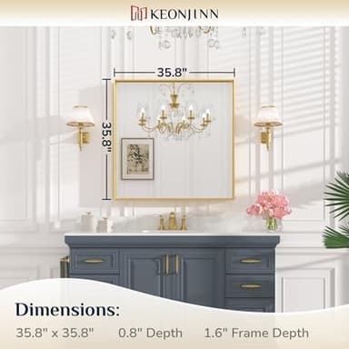 Keonjinn Brushed Gold Bathroom Mirror 36 x 36 Inch Gold Wall Square Mirror Metal Framed Rectangular Mirror for Bathroom Aluminum Alloy Frame Gold Vanity Mirror for Over Sink(Horizontal/Vertical) - Image 7