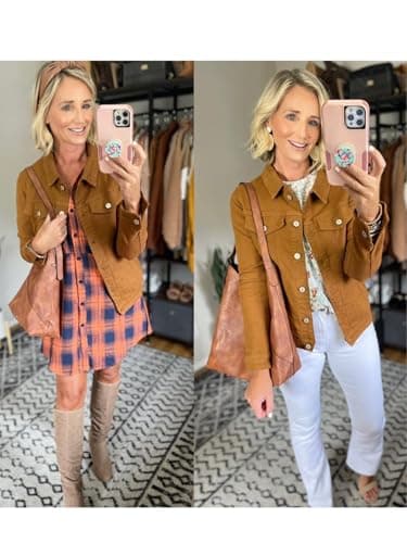 luvamia Women's Classic Casual Long Sleeves Jacket Basic Button Down Trucker Jacket Coat Brown Size X-Large - Image 4