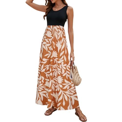 Women's Casual Dresses A-line Tropical Summer Dresses for Women 2024 Vacation(Brown Floral,Medium) - Image 1