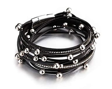 Fesciory Leather Wrap Bracelets for Women, Boho Leopard Multi-Layer Crystal Beads Cuff Bracelet Jewelry (Black Beads) - Image 2