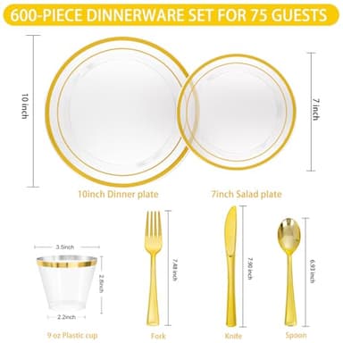 WELLIFE 600 PCS Clear Gold Disposable Dinnerware Set for 100 Guests, Clear and Gold Plastic Plates, Gold rimmed Plastic Dinner & Salad Plates,Cups,Silverware Set for Wedding - Image 6