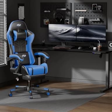 HLDIRECT Gaming Chair, Ergonomic Video Game Seat with 360° Swivel & Lumbar Massage, Computer Chair PU Leather Cushion for Adults Home/Office Use (Black & Blue) - Image 2